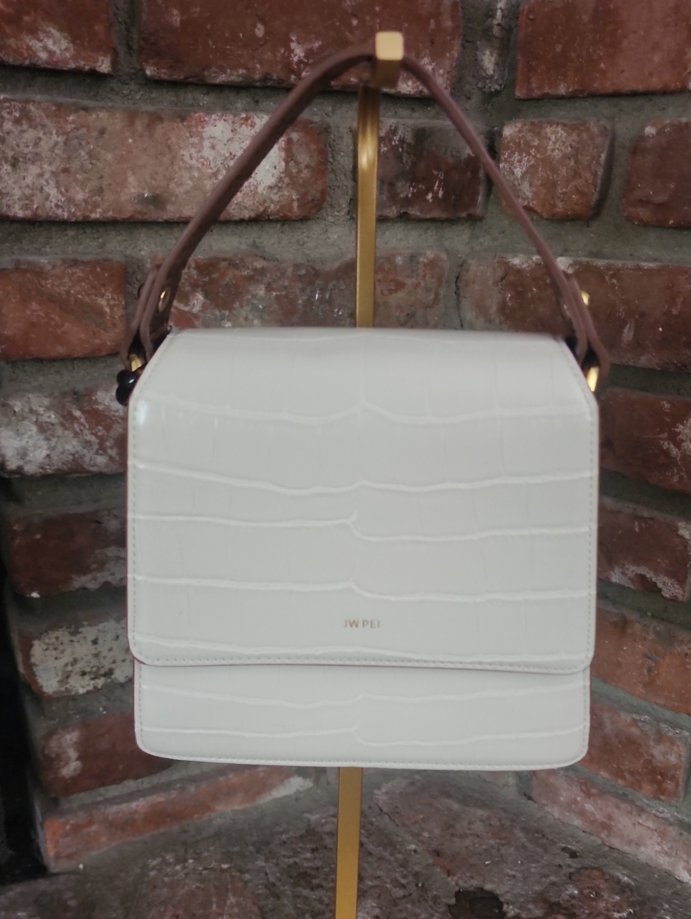 JW PEI White Croc-Embossed Shoulder Bag with Brown Strap